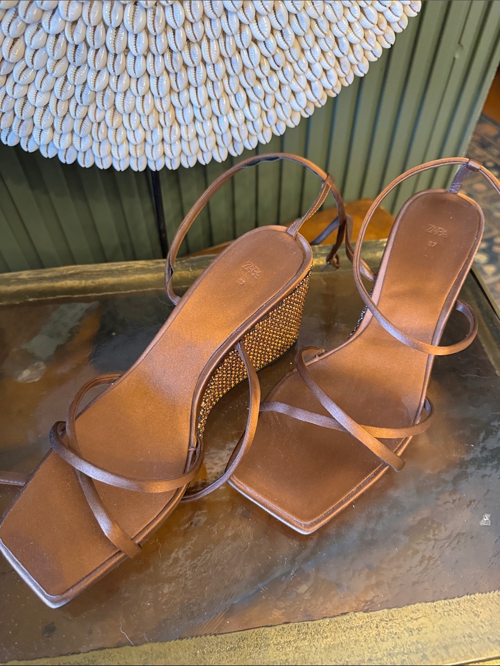 Zara Brown Beaded Wedge Strappy Sandals - Women's
